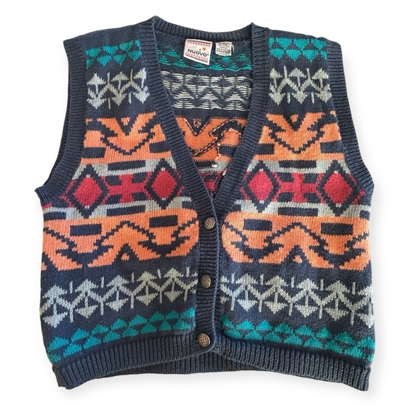 NUOVO Vintage 90's Western Aztec Southwest Sweater Vest Cardigan Size M Ramie - Picture 2 of 8